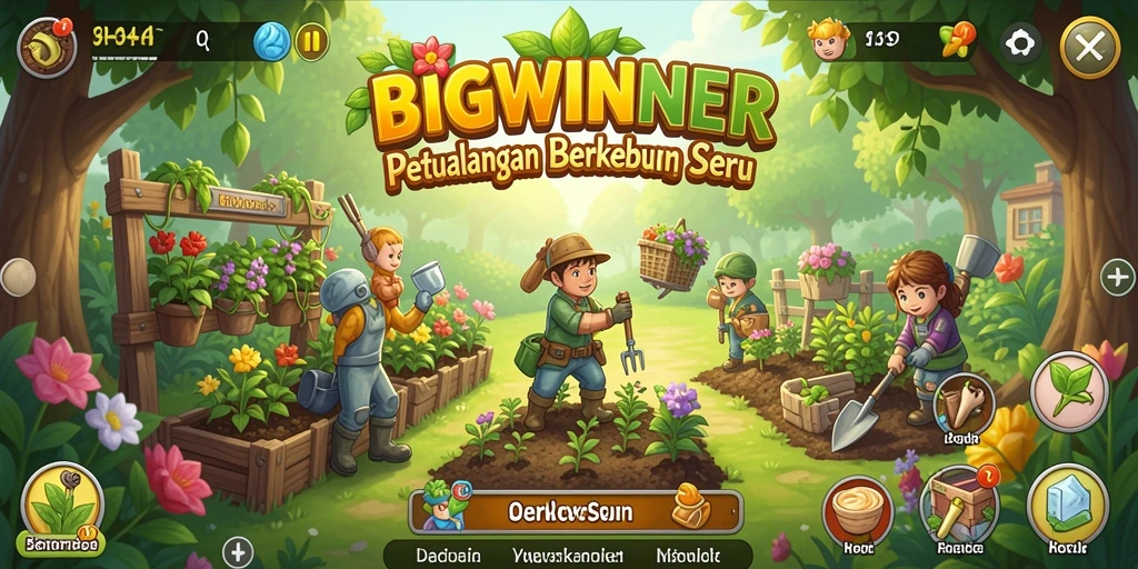 Tampilan gameplay <strong>BIGWINNER</strong> yang menampilkan kebun yang sedang tumbuh.