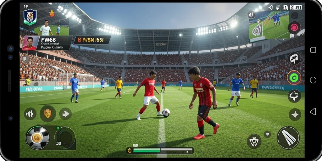 Screenshot utama FW66 menampilkan aksi seru permainan sepak bola.