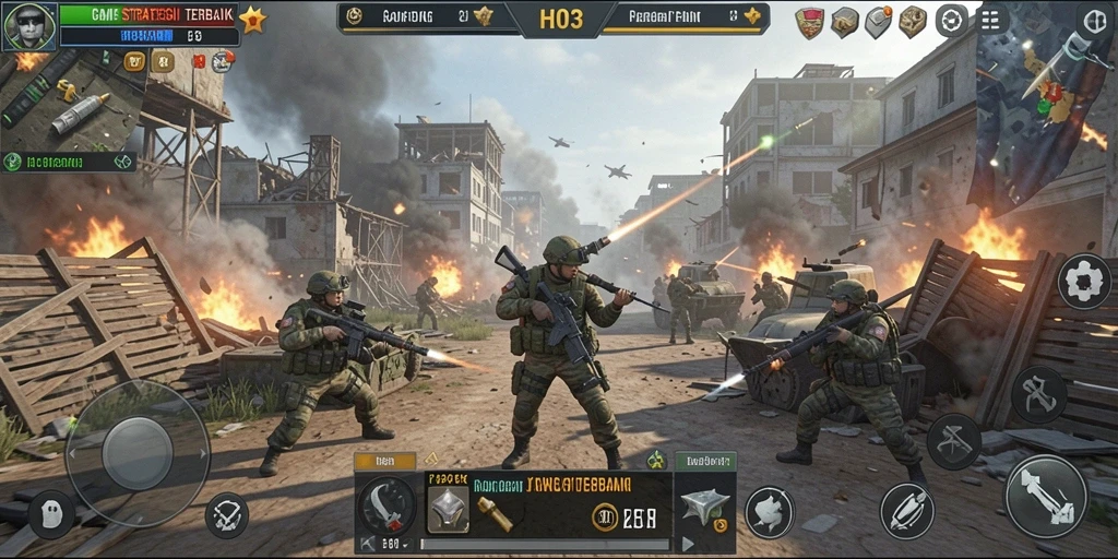 Screenshot gameplay H03 yang menggambarkan pertempuran strategis.