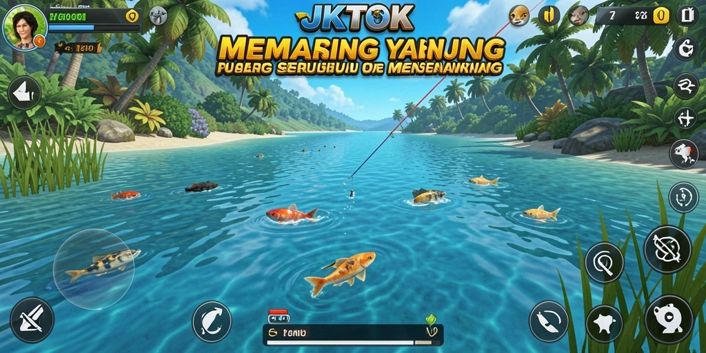 Screenshot gameplay JKTOK yang menunjukkan aktivitas memancing yang seru.