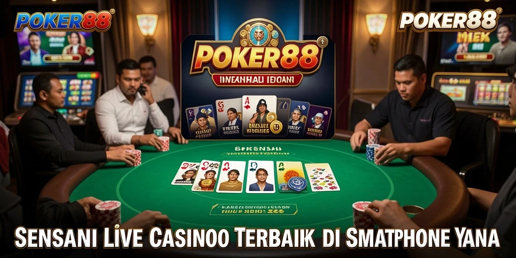 Screenshot gameplay POKER88 dengan dealer langsung dan suasana kasino.