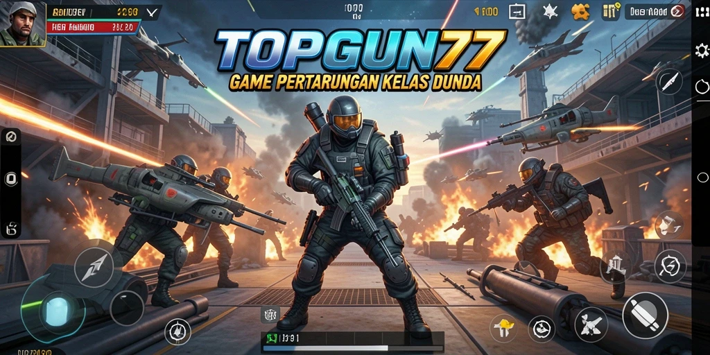 Screenshot gameplay intens dari TOPGUN77 menunjukkan pertarungan seru di medan Battle Royale.