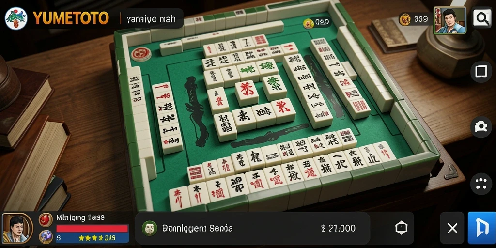 Tangkapan layar permainan YUMETOTO yang menunjukkan aksi Mahjong yang seru.